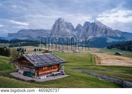 Wooden Hut In Alpe Di Siusi, Dolomites, Italian Alps. Europe
