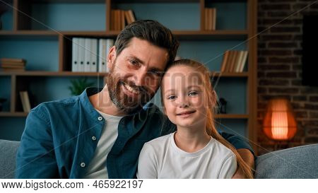 Happy Caucasian Family Diverse Generation People Beautiful Daughter And Father Sit On Sofa Posing To