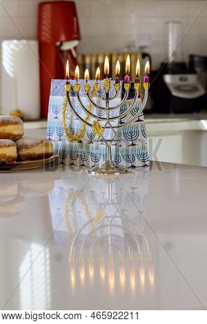 Judaism Tradition Family Religious Holiday Symbols Judaism Hanukkah Celebration Lighting Hanukkiah M