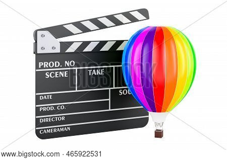 Hot Air Balloon, Aerostat With Clapperboard, 3d Rendering Isolated On White Background