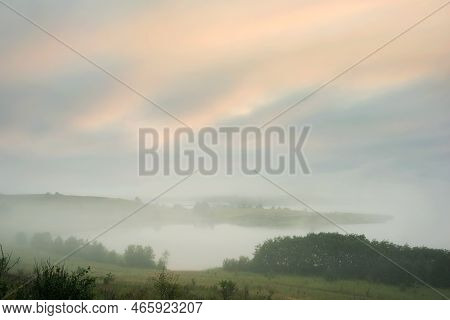 Serene Landscape In The Fog - The Shores Of Lake Otolovo In Belarus