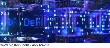 Concept Of Blockchain, Decentralized Financial System. Defi Decentralized Finance On Abstract Polygo
