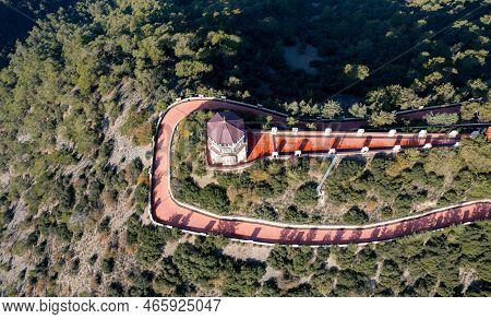 Drone Aerial Of Throni Of Panagia Kykkou Temple Landmark. Cyprus Europe.
