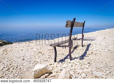 Old Weathered Bench On Top Of Mont Ventoux, France. At 1,909 m (6,263 ft), It Is The Highest Mountai