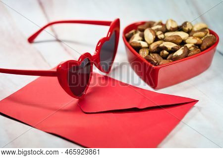 Heart Glasses, Dish With Brazil Nuts And Card Healthy Food And Shades