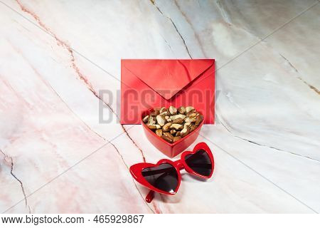 Heart Glasses, Dish With Brazil Nuts And Card Healthy Food And Shades