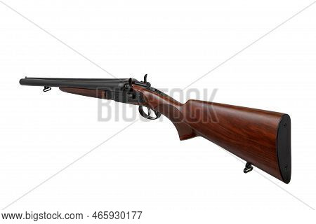 Classic Trigger Double-barreled Smooth-bore Hunting Rifle. Weapon With A Wooden Butt. Isolate On A W