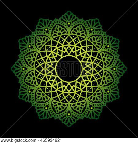 Elegant, Luxury Ornamental Mandala Design In Gold Green Colour On Black Background. Mandala With Flo