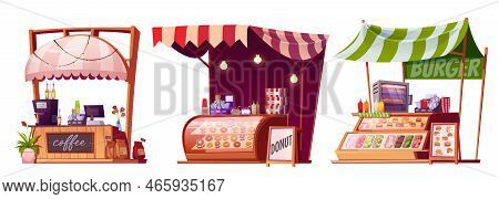 Market Stalls With Street Food. Wooden Kiosks With Donuts, Burges And Coffee. Marketplace Stands Wit