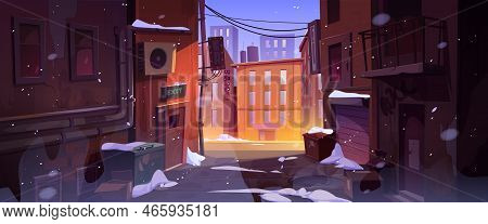 Rain At Dark City Corner, Dirty Nook Puddles, Back Exit Door, Litter Bins And Scatter Garbage, Narro