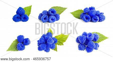 Set With Fresh Tasty Blue Raspberries On White Background. Banner Design