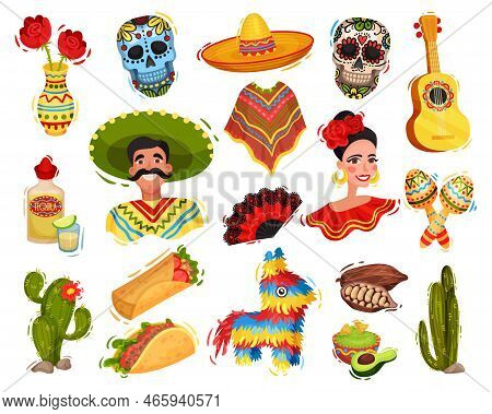 Set Of Mexican Culture Symbols. Mexican Man, Woman, Guitar, Sugar Skull, Maraka, Pinata, Cactus, Tac