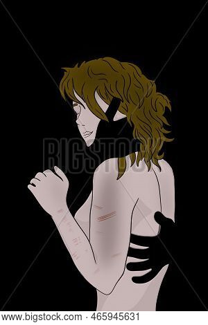 Girl With Self-harm Hugging Her Mental Illness. Concept Of Mental Illness And Surrender.