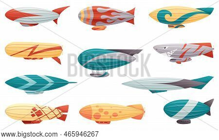 Zeppelin. Passenger Airships Set. Bright Colored Cigar Shaped Balloons Or Retro Zeppelin With Stripe