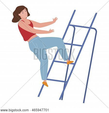 Woman Falls From Step Ladder Vector Flat Illustration. Female Bad Luck Dangerous Accident
