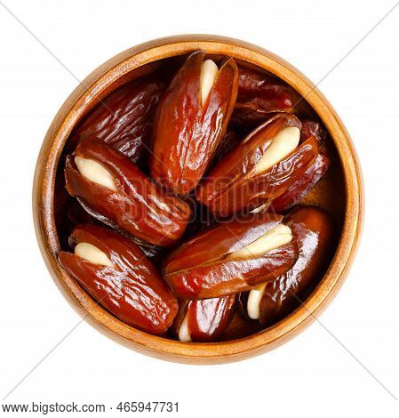 Almond-stuffed Dates, In A Wooden Bowl. Sun Dried Deglet Nour Dates, Cut Open And Pitted, Then Fille
