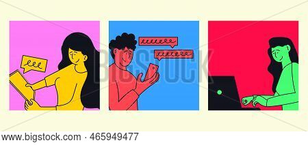 People Using Gadget Vector Illustration Set. Character Using Laptop, Looking At Smartphone, Holding 