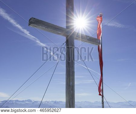 Cross As A Designation Of The Peak And The Austrian National Flag In The Dachstein Mountains - Austr