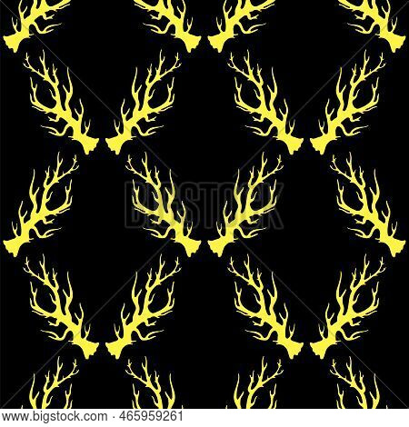 Illustration With Animal Gold Horns Silhouettes Isolated On Black Background. Seamless Pattern.