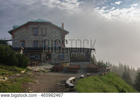 Old Stone Mountain  Cottage  In Jeseniky Mountains On A Summer Foggy Morning