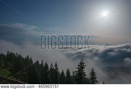 View From  Serak In Jeseniky Mountains On A Summer Foggy Morning And  Sea Of Clouds Around Mountain 