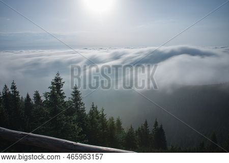 View From  Serak In Jeseniky Mountains On A Summer Foggy Morning And  Sea Of Clouds Around Mountain 