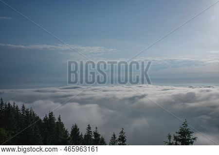 View From  Serak In Jeseniky Mountains On A Summer Foggy Morning And  Sea Of Clouds Around Mountain 