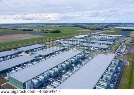 Middenmeer, The Netherlands - 9 Augustus 2021: Drone Aerial View Of New Microsoft Datacenters . The 