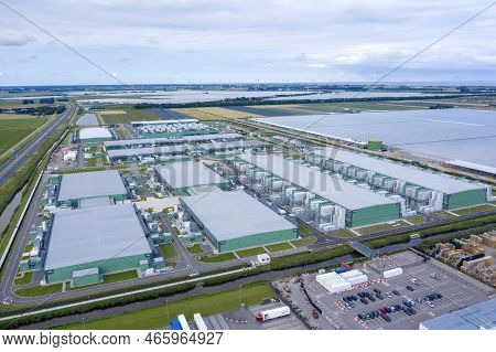 Middenmeer, The Netherlands - 9 Augustus 2021: Drone Aerial View Of New Microsoft Datacenters . The 