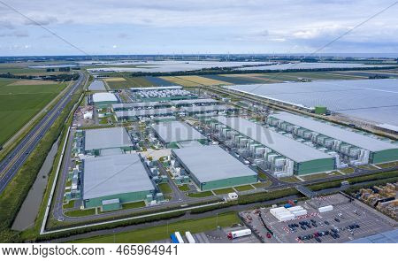 Middenmeer, The Netherlands - 9 Augustus 2021: Drone Aerial View Of New Microsoft Datacenters . The 