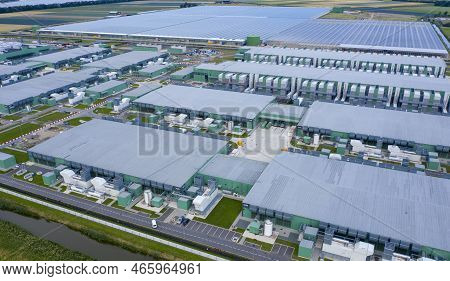 Middenmeer, The Netherlands - 9 Augustus 2021: Drone Aerial View Of New Microsoft Datacenters . The 