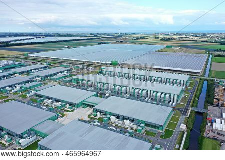 Middenmeer, The Netherlands - 9 Augustus 2021: Drone Aerial View Of New Microsoft Datacenters . The 