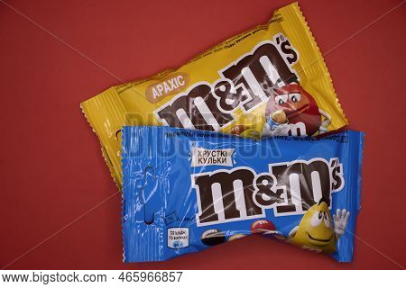 March 29, 2022 Ukraine City Kyiv Candy M And Ms On A Colored Background