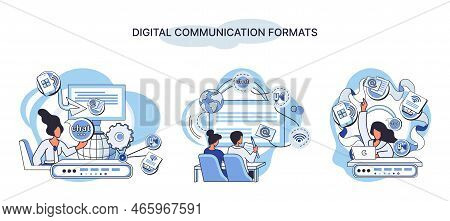 Digital Communication Formats Metaphor, Content Online Data And Social Media Streaming. Abstract Mod