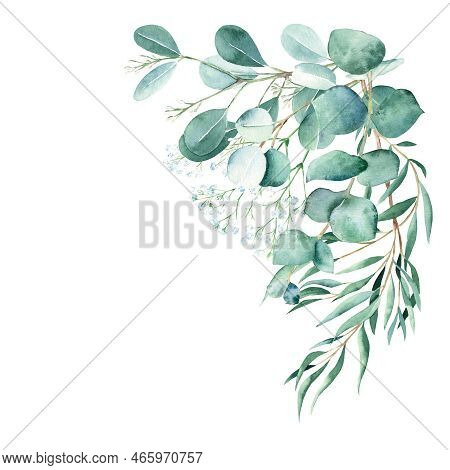 Watercolor Foliage Bouquet, Corner. Eucalyptus And Gypsophila Branches. True Blue, Willow, Silver Do