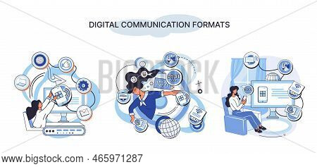 Digital Communication Formats Metaphor, Content Online Data And Social Media Streaming. Abstract Mod