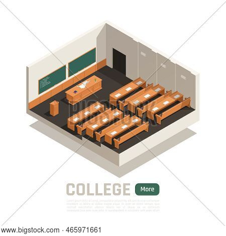 Empty College Lecture Hall With Wooden Desks Table And Two Green Boards 3d Isometric Vector Illustra