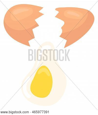 Breaking Egg Cartoon Icon. Yolk Dropping From Shell Isolated On White Background