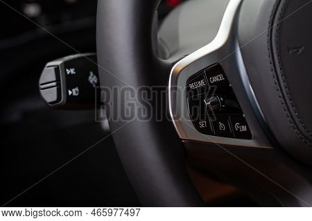 Cruise Control Switch Closeup. Adaptive Cruise Control Leaver. Cruise Control On Steering Wheel.