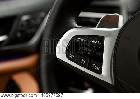 Cruise Control Switch Closeup. Adaptive Cruise Control Leaver. Cruise Control On Steering Wheel.