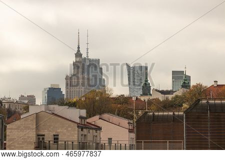 Panoramic View On The Palace Of Culture And Science And Modern Skyscrapers In Warsaw City, Poland. D