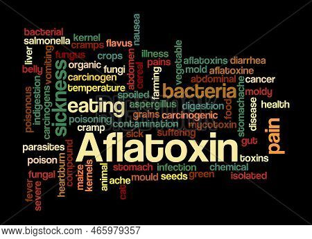 Word Cloud With Aflatoxin Concept, Isolated On A Black Background.