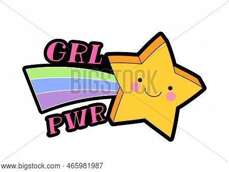 Fashion Patch Label. Sticker With Cute Yellow Star With Rainbow Tail And Inscription. Girls Power. D