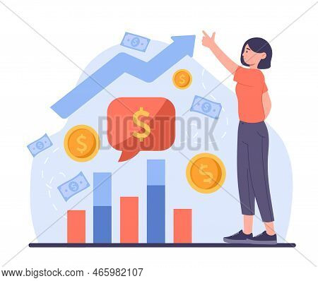 Woman With Graphs. Young Girl Analyzes Statistics, Infographics. Financial Literacy And Passive Inco