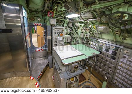 Control Panel Of Uss Albacore Agss-569. This Submarine Was Built In 1953 For Us Navy, Now She Is Loc