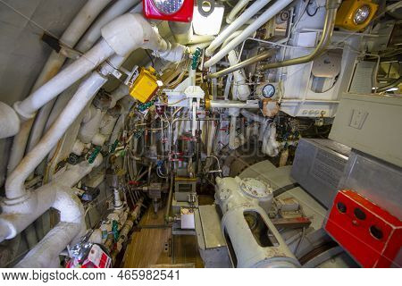 Engine Room Of Uss Albacore Agss-569. This Submarine Was Built In 1953 For Us Navy, Now She Is Locat