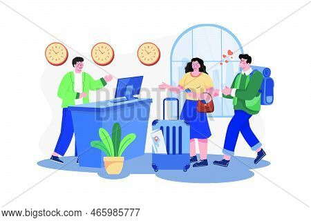 Young Couple With Suitcases Is Standing At The Hotel Reception Desk
