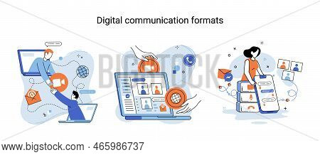 Digital Communication Formats Metaphor, Content Online Data And Social Media Streaming. Abstract Mod