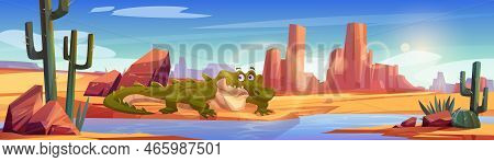 Crocodile In African Desert With River, Sand, Cactuses And Mountains. Desert Oasis Landscape With Wa