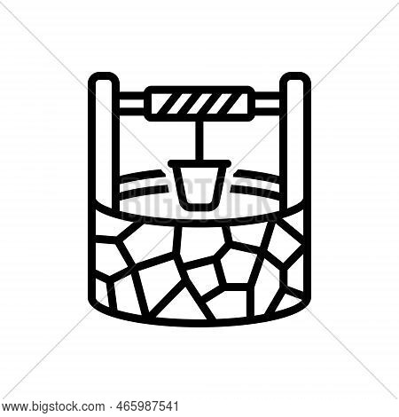 Black Line Icon For Wells Pail Rural Village Antique Rustic Water Wellspring Rope Groundwater Pulley